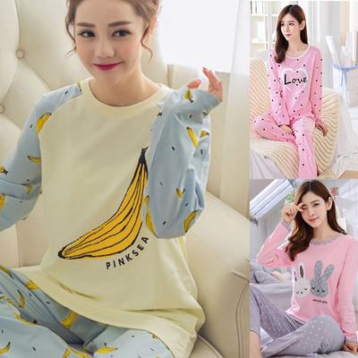 Conjunto de pijamas 2PCS feminino manga longa pijamas desenho animado algodão roupa de casa para mulheres primavera outono loungewear moda casa roupas
