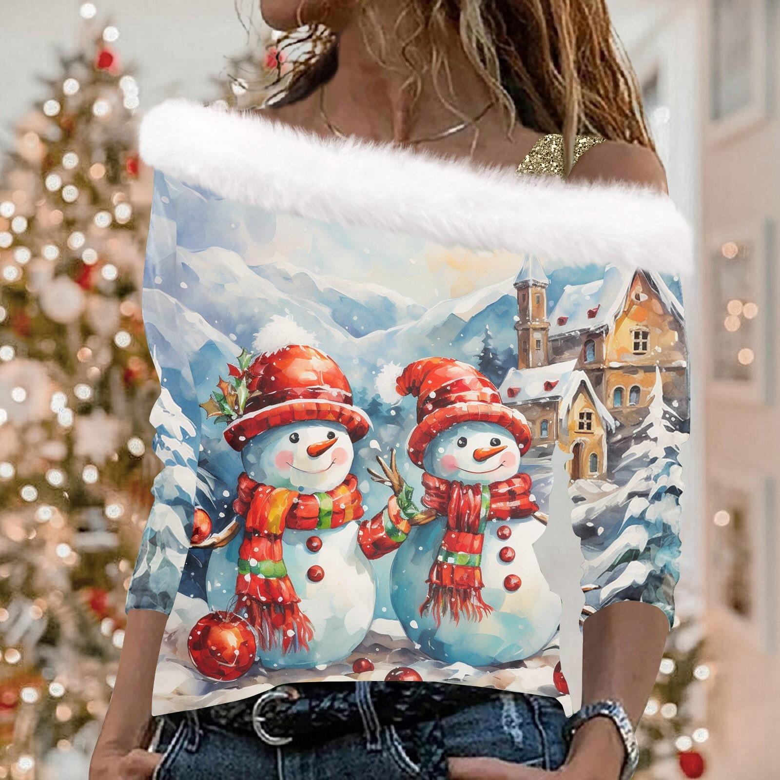 

Женские топы с длинными рукавами. Модные женские свободные пуловеры с открытыми плечами с рождественским принтом. S