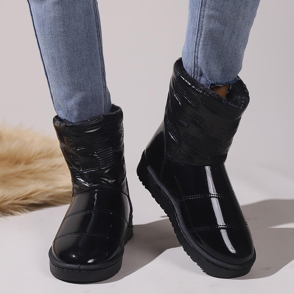 Hiver bout rond noir talon plat tige moyenne chaussures imperméables moulées par injection tube bas laine artificielle décontracté chaussures en coton