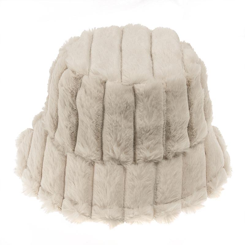 

Новая полосатая теплая шапка из искусственного кроличьего меха, трендовая японская и корейская панама, однотонная шляпа-ведро для студенток, осень-зима 2021 58cm бежевый