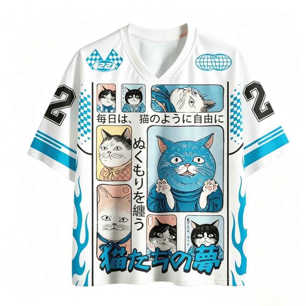 Japanese Ukiyo-e Cat  Retro Cat Manga 3D Print Sport Breatha Quickdry V-neck Tshirt Street Casual Fashion Clothing