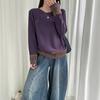 Solid Color Retro Distressed Crochet Appliqué Knit Sweater - Loose Round Neck Pullover for Women (Spring 2026)