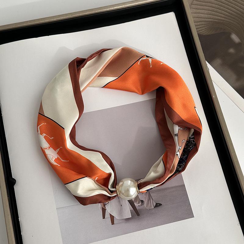 Silk scarf long strip high-end spring and summer new versatile pearl necklace neck chain scarf magnetic buckle silk scarf