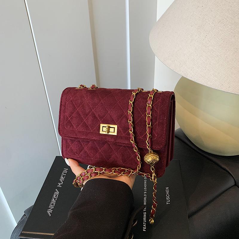 

Премиальная цепочка маленькая квадратная сумка женская осень и зима новая мода ромбовидная сумка на плечо ретро сумка-мессенджер бордовый