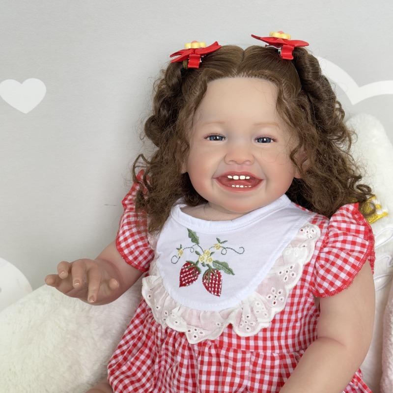 Lebensechte Reborn-Puppe Mila mit bemalter 3D-Haut, 60 cm, Stoffkörper mit PP-Baumwolle, Simulationspuppe, echt aussehende, glücklich lächelnde Babypuppen für Kinder, Weihnachtsgeschenk