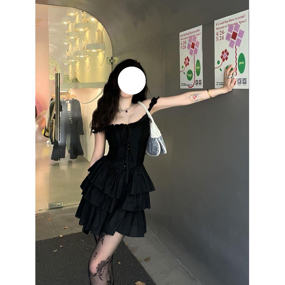 

Сладкое и пикантное черное аккуратное машинное платье летний шик красивое платье-сарафан принцессы XL- (recommended 110-60kg)