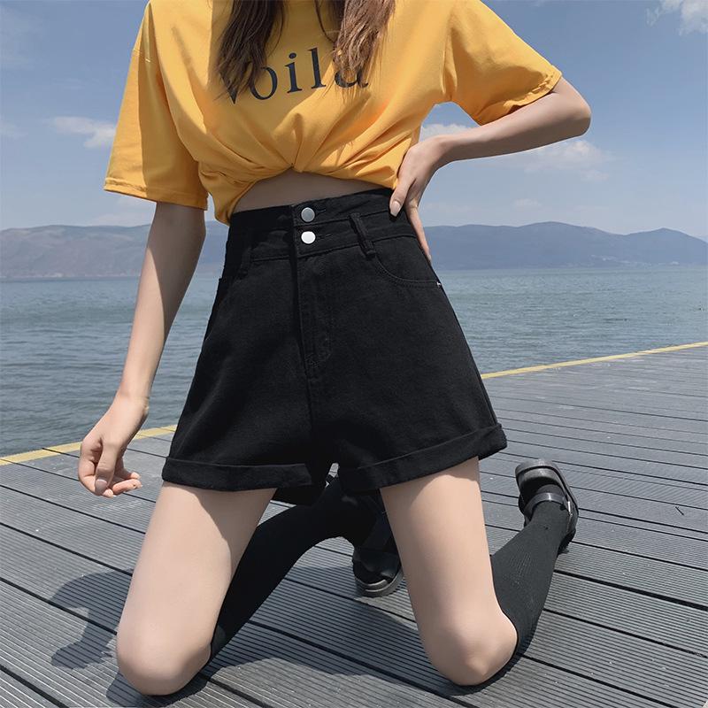 

Женские джинсовые шорты А-силуэта с высокой посадкой - Мода лето 2021, Свободный крой, Подвернутый край, Стройнящие хот-пэнтс Large чёрный