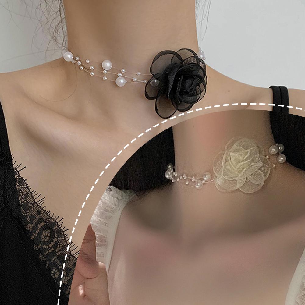 

Handmade Pearl Camellia Flower Mesh Necklace For Women Cloth Necklace Flower 3D Collar Jeweller K9X5