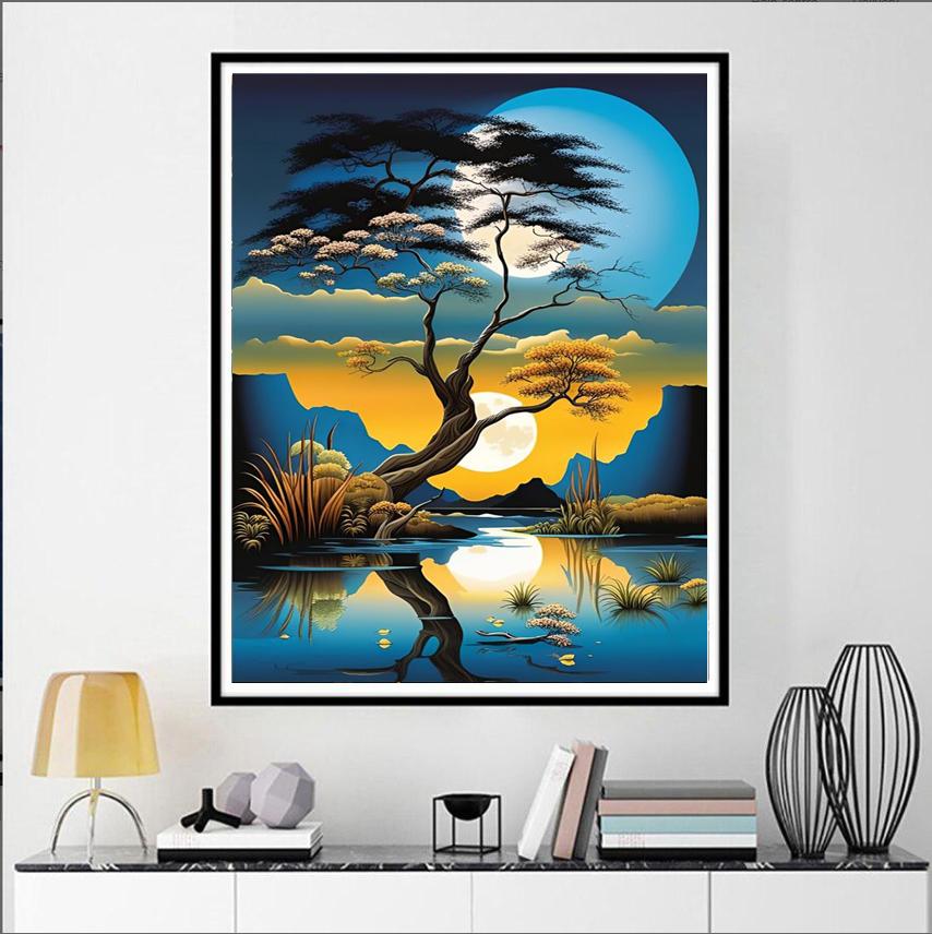 5DDIY Diamond Painting, Hand-painted Moonlight Tree Reflection, Full Embroidery Kit Home Decoration Needlework