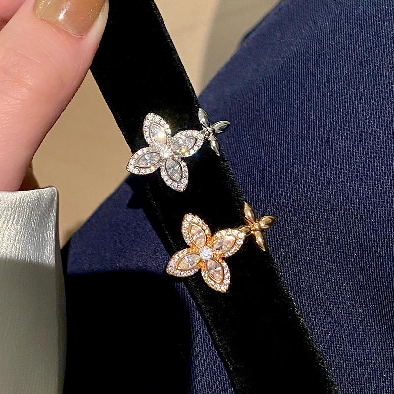 Lucky Clover Open Ring With Zirconia Flower Design For Women Fashion Jewelry