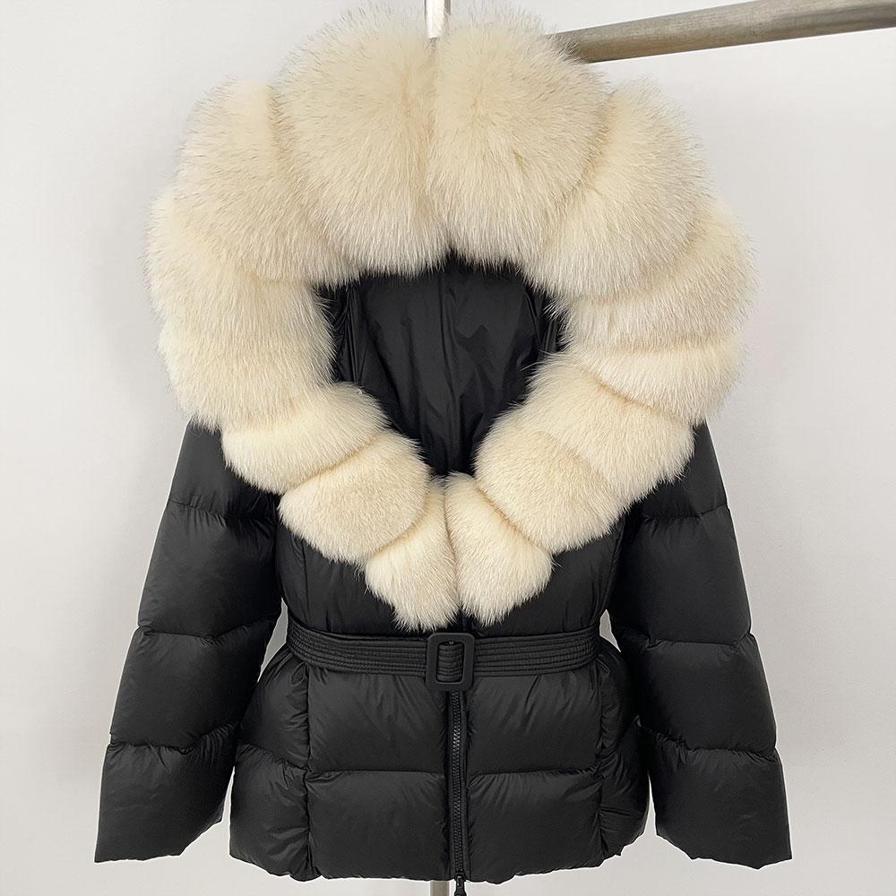 OFTBUY 2024 Jachetă albă din puf de rață, groasă, caldă, 90%, jachetă de iarnă pentru femei, cu guler de blană de raton naturală, cu glugă, casual