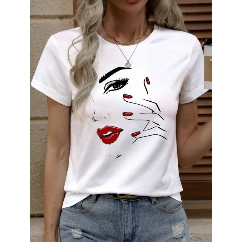 Summer Round Neck 3D Facial Depiction Pattern Print Top Fashionable Casual Short Sleeved Women's T-shirts