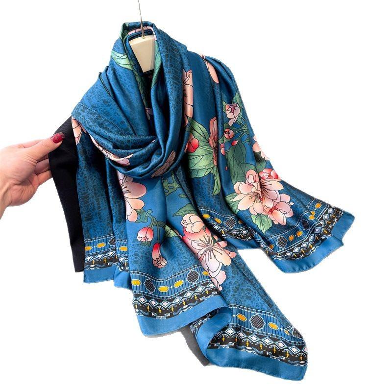 Spring And Summer Simulation Silky Brocade Fashion Sunscreen Silk Scarf Long Scarf Silky Printed Shawl Versatile Headscarf Scarf