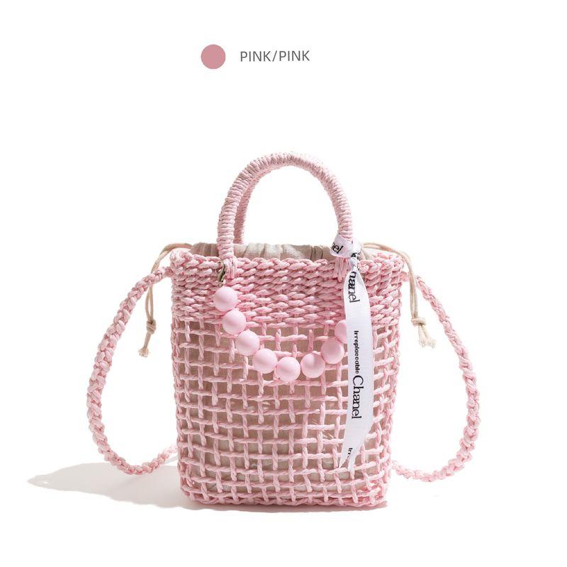 

Стильная студия Свежий розовый плетеный ажурный мешок Дизайнерское плетение с бусинами Сумка-корзина для овощей Дофаминовая сумочка Pink