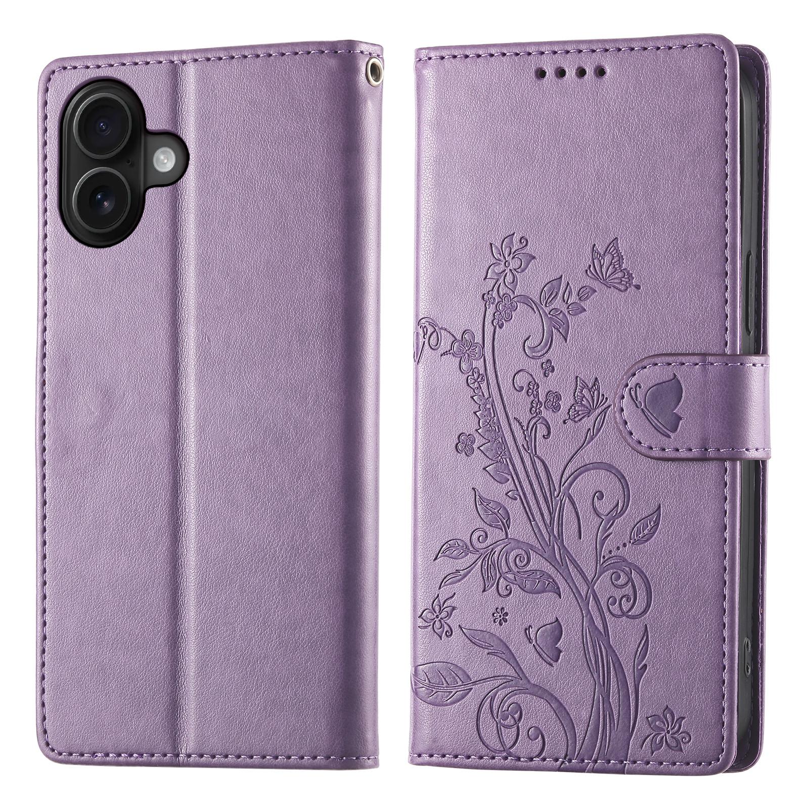 For iPhone 17 Wallet Case Butterfly Floral Imprint PU Leather Phone Cover with Wrist Strap A