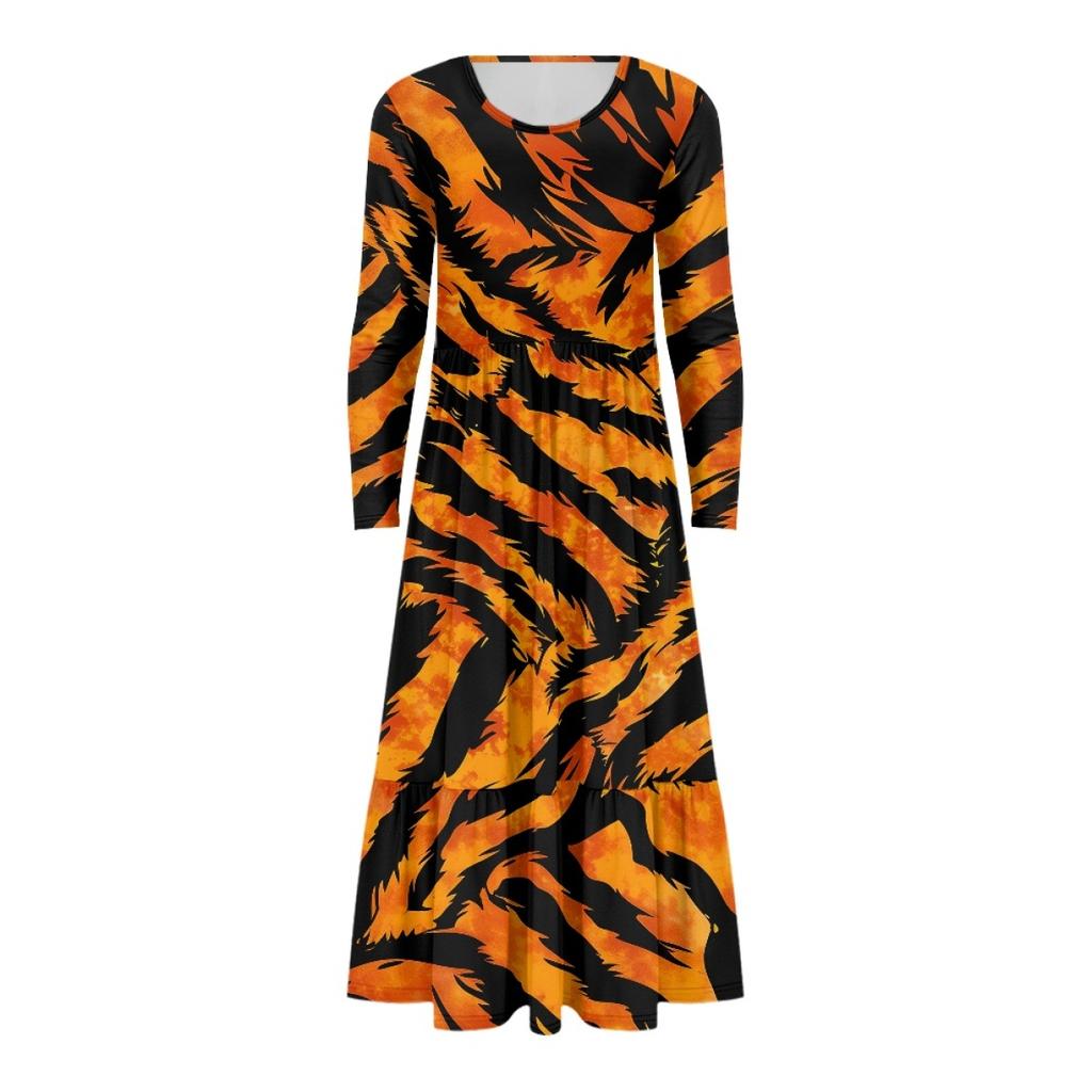 Long Sleeve Casual Midi Dress Ladies Patchwork Hem Loose Dress
