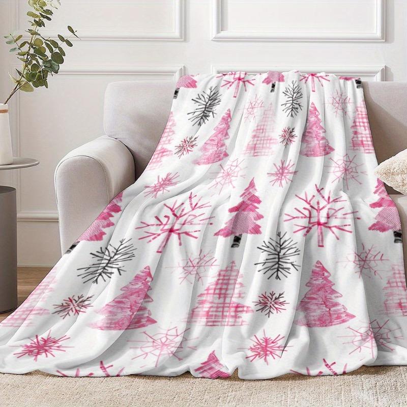 1pc Vintage Watercolor Christmas Blanket - Soft & Warm Flannel with Pink Trees Snowflakes & Cedar Design Ideal for Naps Camping