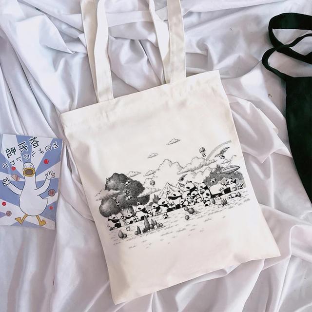 New Women's Cartoon Handbag Cute Animal Panda Shoulder Canvas Bag Large Capacity Girl Reusable Shopping Bag Grocery Bag.