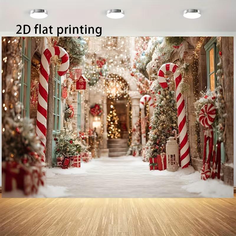 

2D Snowy Christmas Alley Tapestry, Candy Cane Lane & Decorated Buildings 47.2x31.5inch/120*80cm