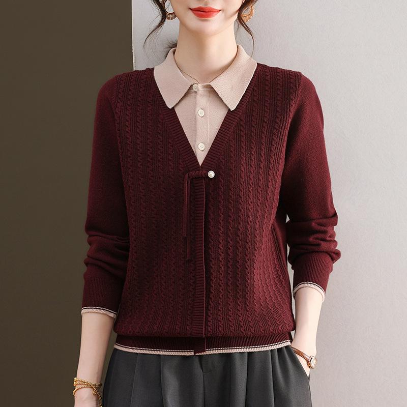 

Модный вязаный костюм-двойка для мамы 2025 года: свитер с лацканами и топ с длинными рукавами для женщин среднего возраста, идеально подходит для весны и осени XL