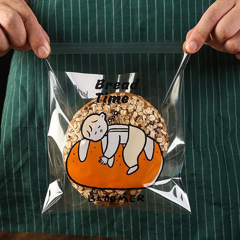 Cartoon Bread Storage Bags Self-Sealing Clear Plastic Packaging Bags For Sliced Bread Donuts Bagels Buns Resealable Bakery