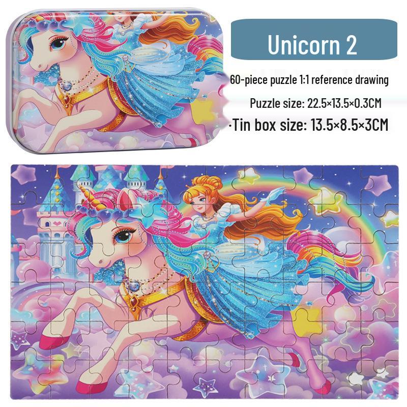 

Детский деревянный мультяшный пазл из 60 деталей в жестяной коробке для раннего развития