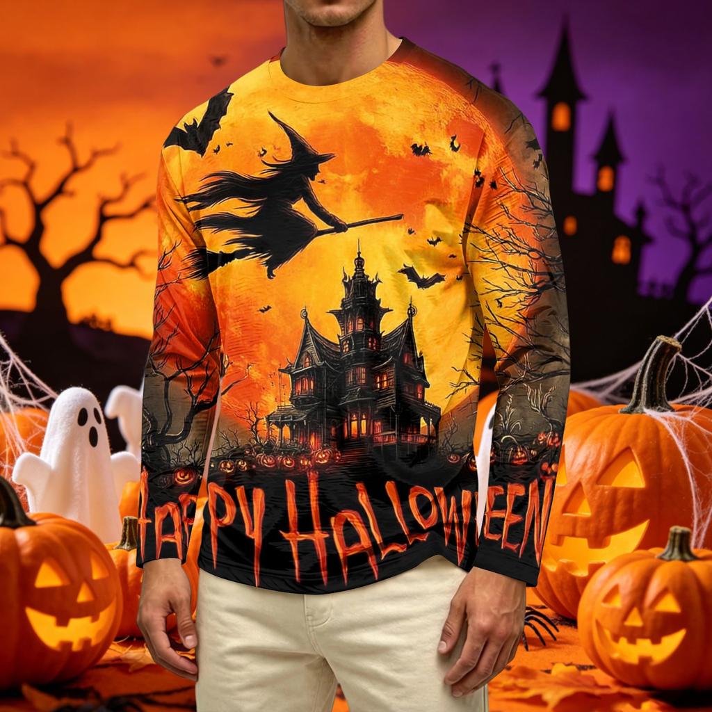 Men's Long Sleeve Casual T-Shirt Crew Neck Printed Halloween Pumpkin Pattern Top Comfortable Fit Lightweight Fabric