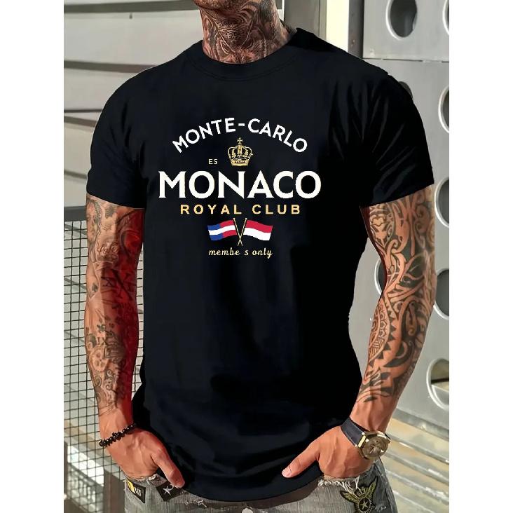 Men'S Monaco Royal Club Logo T-Shirt - Navy Blue Micro-Stretch Knit, Breathable -Like Fabric, Monaco Flag & Crown Design With Monte-Carlo Yacht Club