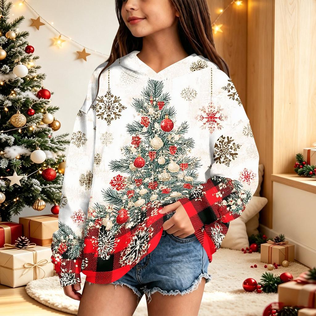 Children's casual fleece pullover with Christmas print and hooded design