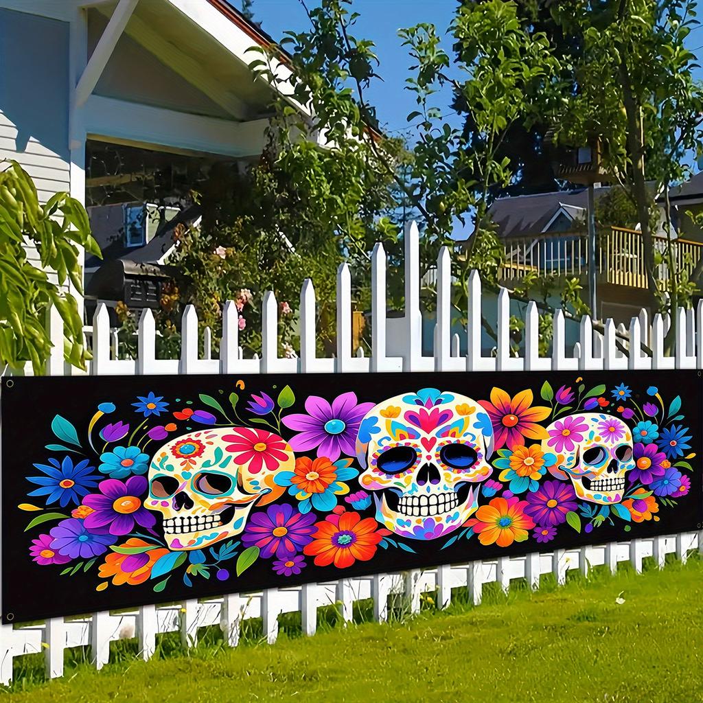 1Pcs Day of The Dead Sugar Skull Banner Floral Pattern Dia De Los Muertos Outdoor Patio Halloween Party Wall Decor