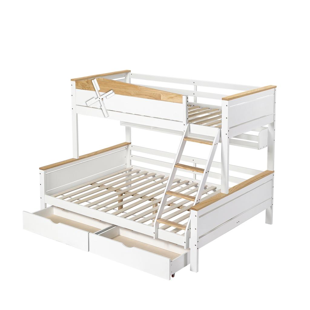 Bunk Bed with Windmill, Shelves, Color-Contrasted Safety Rail, Four-Step Angled Ladder and Drawers, Pine+MDF, White+Natural, 90x200cm&140x200cm