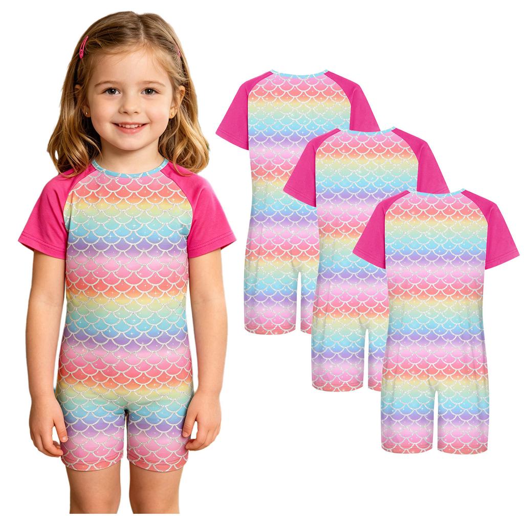 3 Peças Macacão Adaptativo Anti-Rasgo Infantil Gola Redonda Manga Curta Estampado com Zíper Invisível nas Costas para Meninos Meninas com Necessidades Especiais