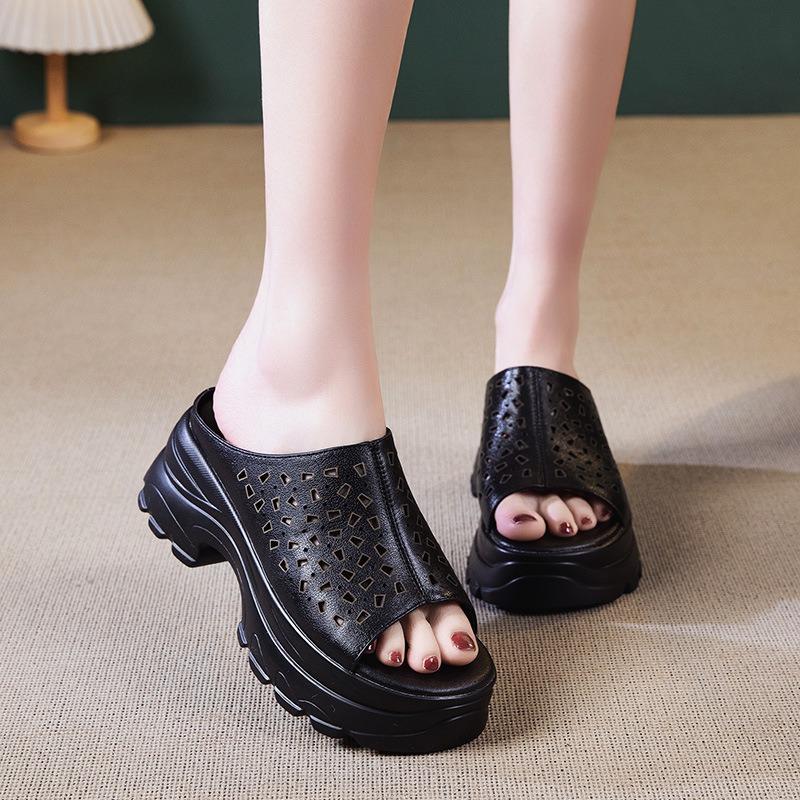 Leather platform slippers women's summer new outer wear hollow hole shoes versatile open-toed high-heeled sandals