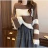 Imitation mink splicing striped contrasting color knitted sweater women's clothing autumn new soft waxy design sense retro loose sweater women