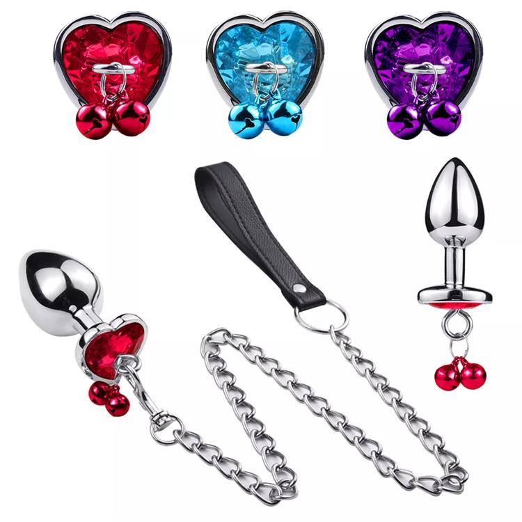 Jewelry Design Sex Product Heart Shape Diamond Anal Butt Plug With Two Bells with Metal Chain