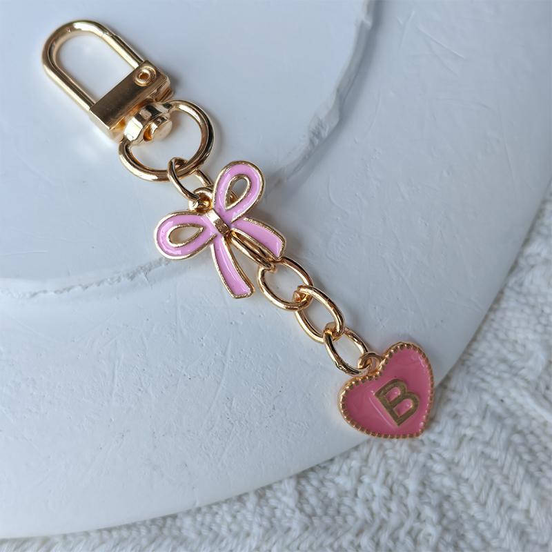 Creative Letters Metal Pink Bow Keychain Fashion A-Z 26 Letters Keyring Charms Mobile Phone Key Holders Bag Accessories Gift