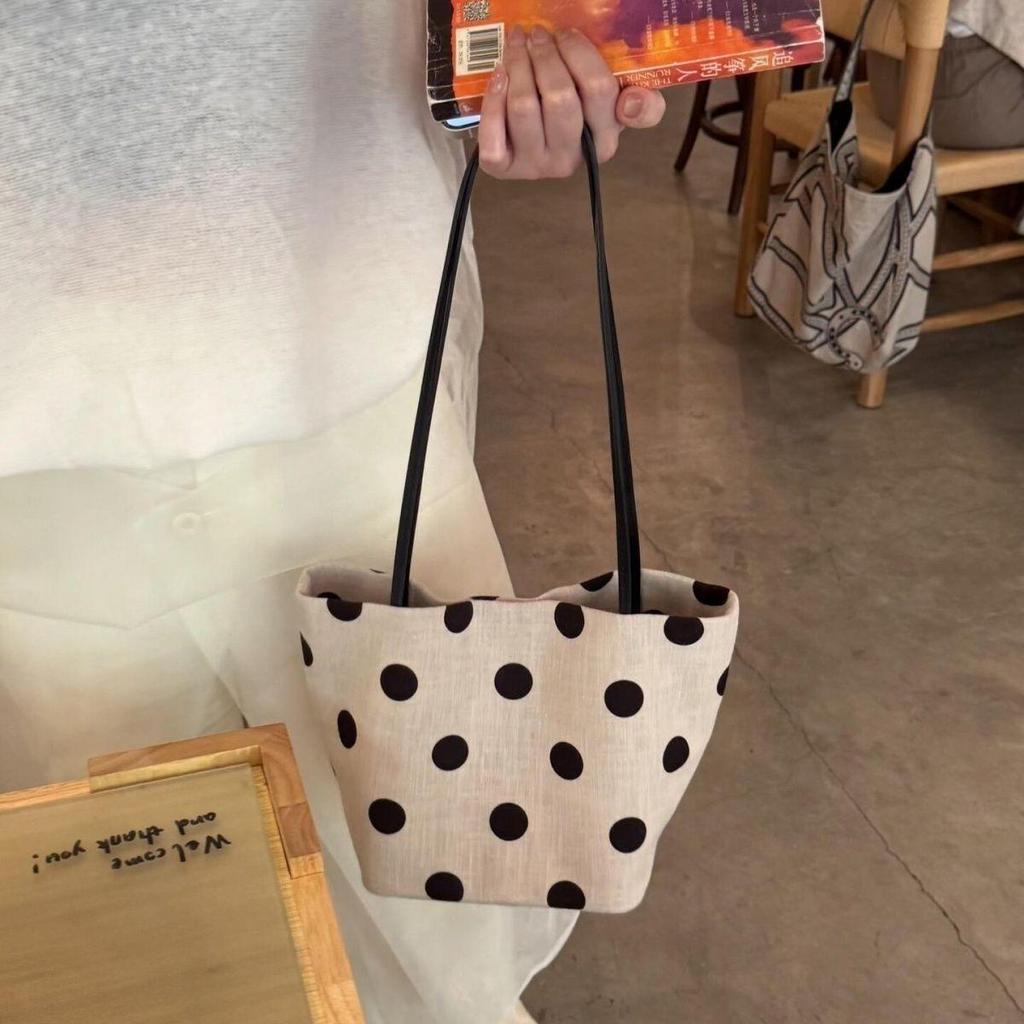 Korean Polka Dot Linen Tote: Versatile Summer Shoulder Bag for Women