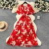 Summer New Women's High-end Strap Waist V-neck Horn Sleeve Thin Temperament Printed Chiffon Dress