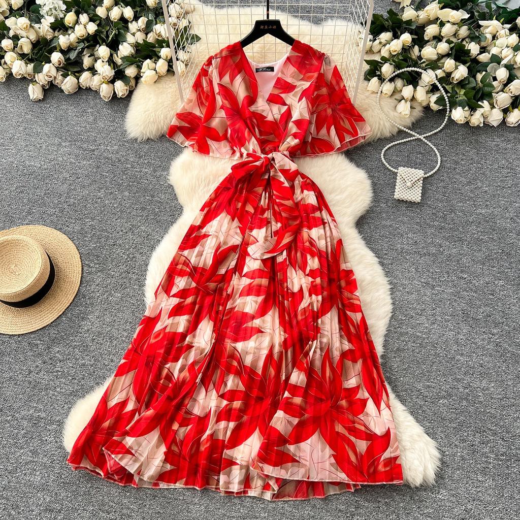 Summer New Women's High-end Strap Waist V-neck Horn Sleeve Thin Temperament Printed Chiffon Dress