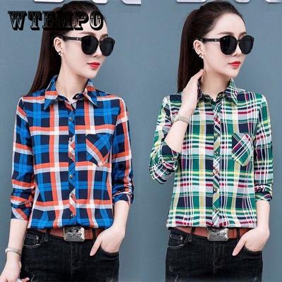Spring and Autumn Classic Plaid Shirt Women's Long Sleeve Student's Slim Women's Casual Bottom Shirt