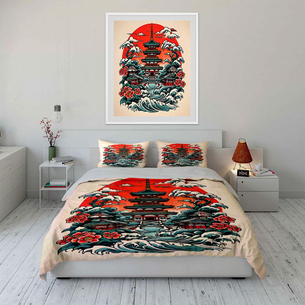 Japanese Pagoda Art Decor Set Multiple sizes kid's and adults' bedroom Exquisite 3PC bedding set gift