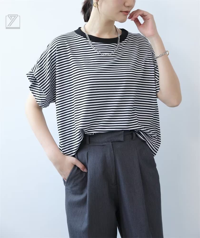 Maglietta da donna [Kayiyasu] a maniche corte e larga, da tutti i giorni, autunnale, a righe, top, manica, camicia, a righe, cucita, vestibilità, casual, morbida, per il pendolarismo, da indossare,