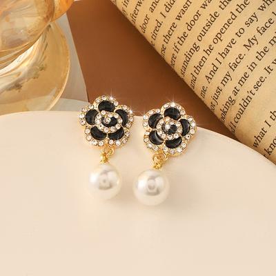 Silver Needle Pearl Camellia Earrings Black Earrings Small Fragrant Retro French Flowers