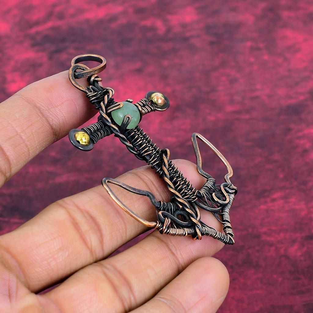 Moss Prehnite Gemstone Pendant Copper Wire Wrapped Jewelry Dainty Anchor Pendant