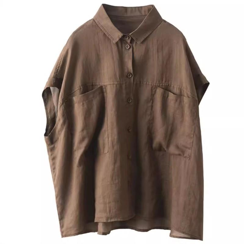 Johnature Women Solid Color Sleeveless Shirts Turn-down Collar Button Summer Pockets Women Vintage Blouses Tops