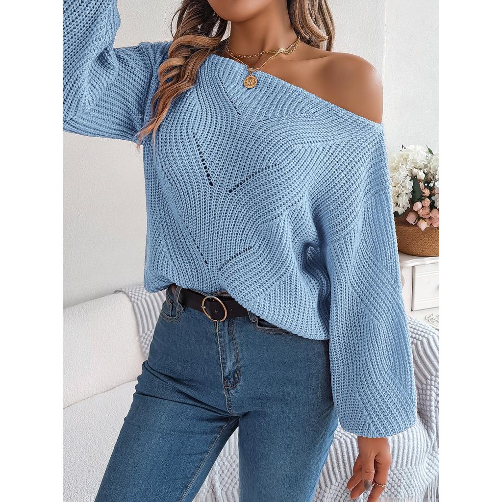 Automne et Hiver, Décontracté, Ajouré, Une Épaule Dégagée, Haut, Manches Lanterne, Pull Chaud, Vêtements pour Femmes