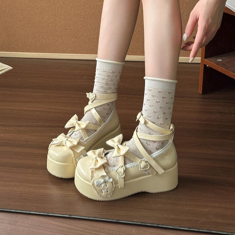 Fashion Sweet Lolita Patent Leather Mary Jane Shoes Women 2025 Autumn Cute Bowknot Decoration Thick Bottom Shoes Y2K Ankle Strap Pumps