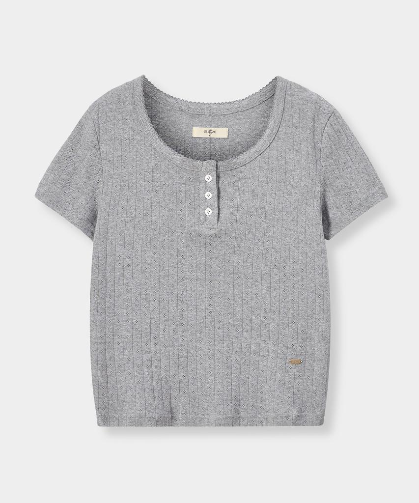 Yujen Eyelet Button Half T-Shirt_Melange