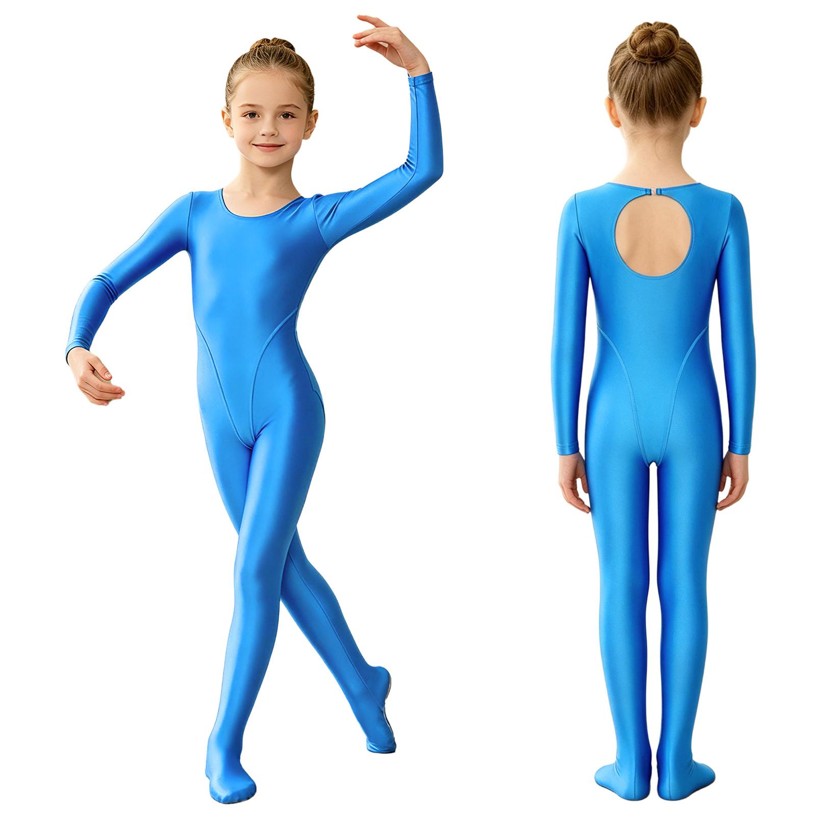 Kinder Mädchen Glänzender Fußbody Langarm Schlüsselloch Rücken Body für Gymnastik Tanz Training Aufführung 13-14 Years blau