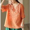 Yellow V Neck Half Sleeve Polka Dot Embroidered Linen Blouse for Women
